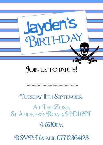 Personalised Pirate skeleton birthday party invitations